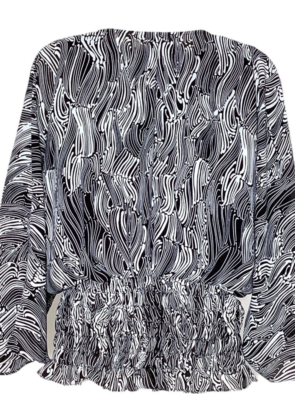 Allison Taylor L Top Blouse Tank Drop Waist Shirred Black White Abstract Ruffle - Picture 6 of 12